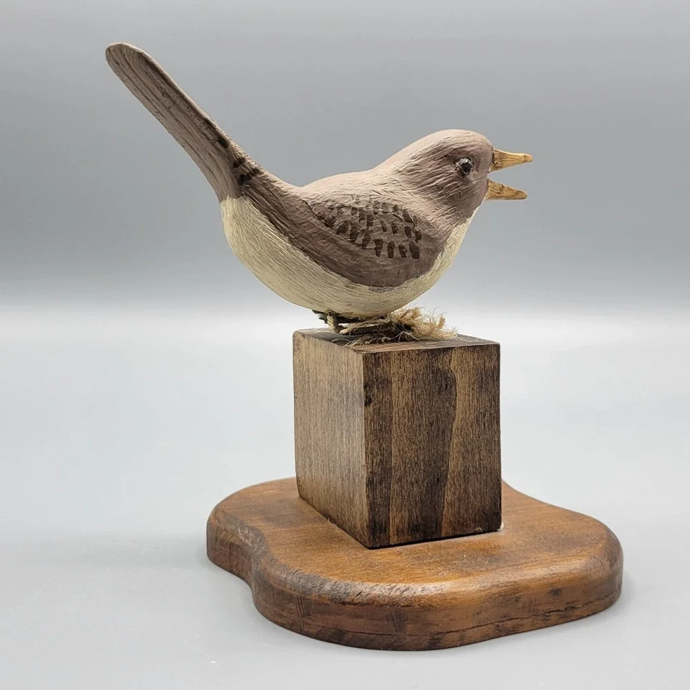 Vintage Handcrafted Wooden Bird Figurine On Base Home Shelf Decor